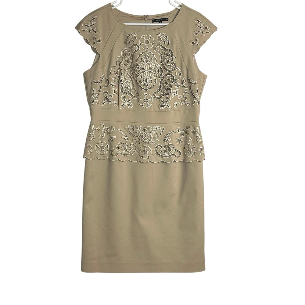 Antonio Melani Dress Womens 14 Chamomile Tan Selma Embroidered Lace Peplum NWT